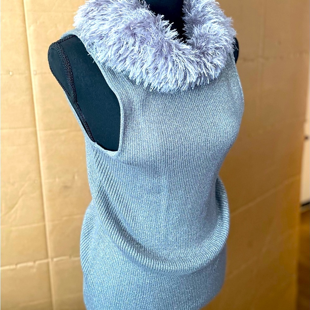 Lauren Michelle Ladies Faux Fur Cowl Neck Gray Metallic Knit Tank Top
